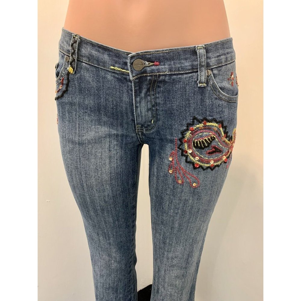 Latina Life Jeans Womens Size 6 Dark Wash Embroidered Floral Trim Flare Denim